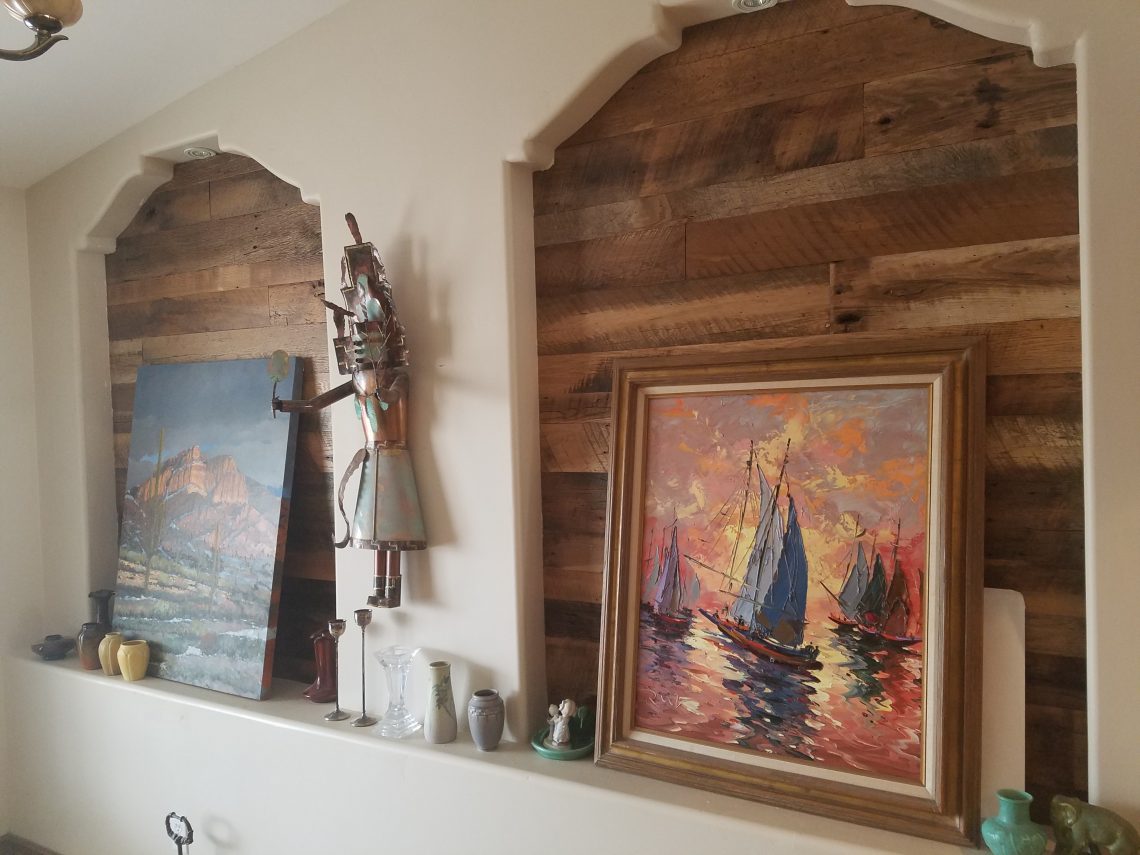 custom made wall with reclaimed hardwood