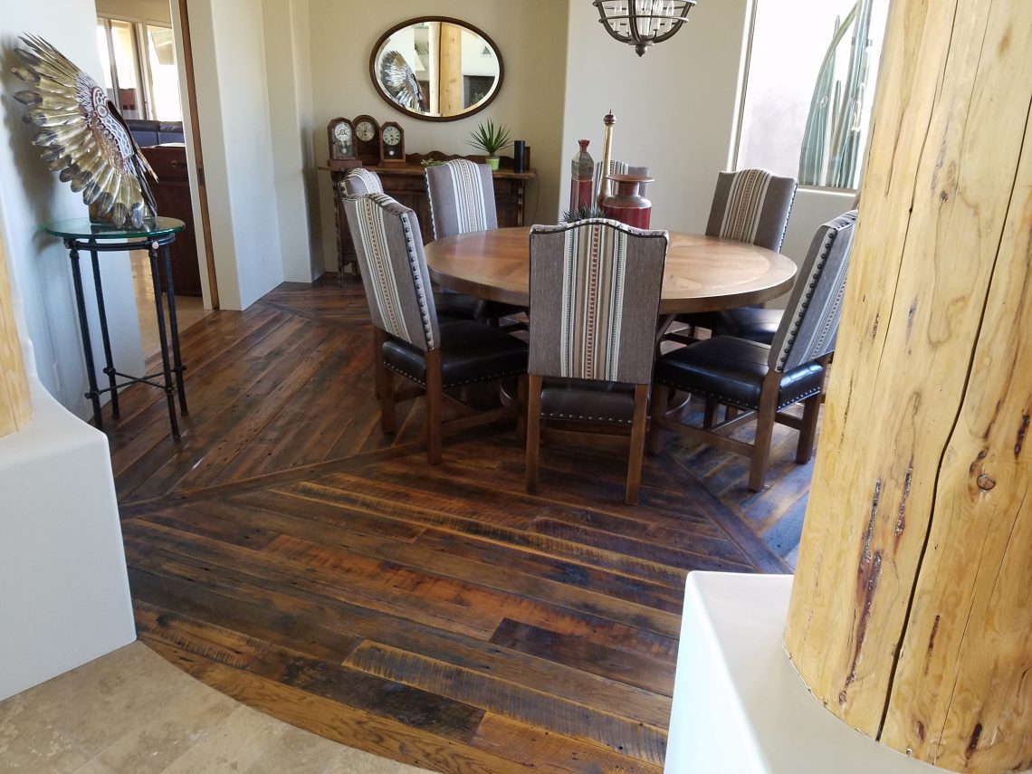Reclaimed hardwood floor layed in a custom pattern